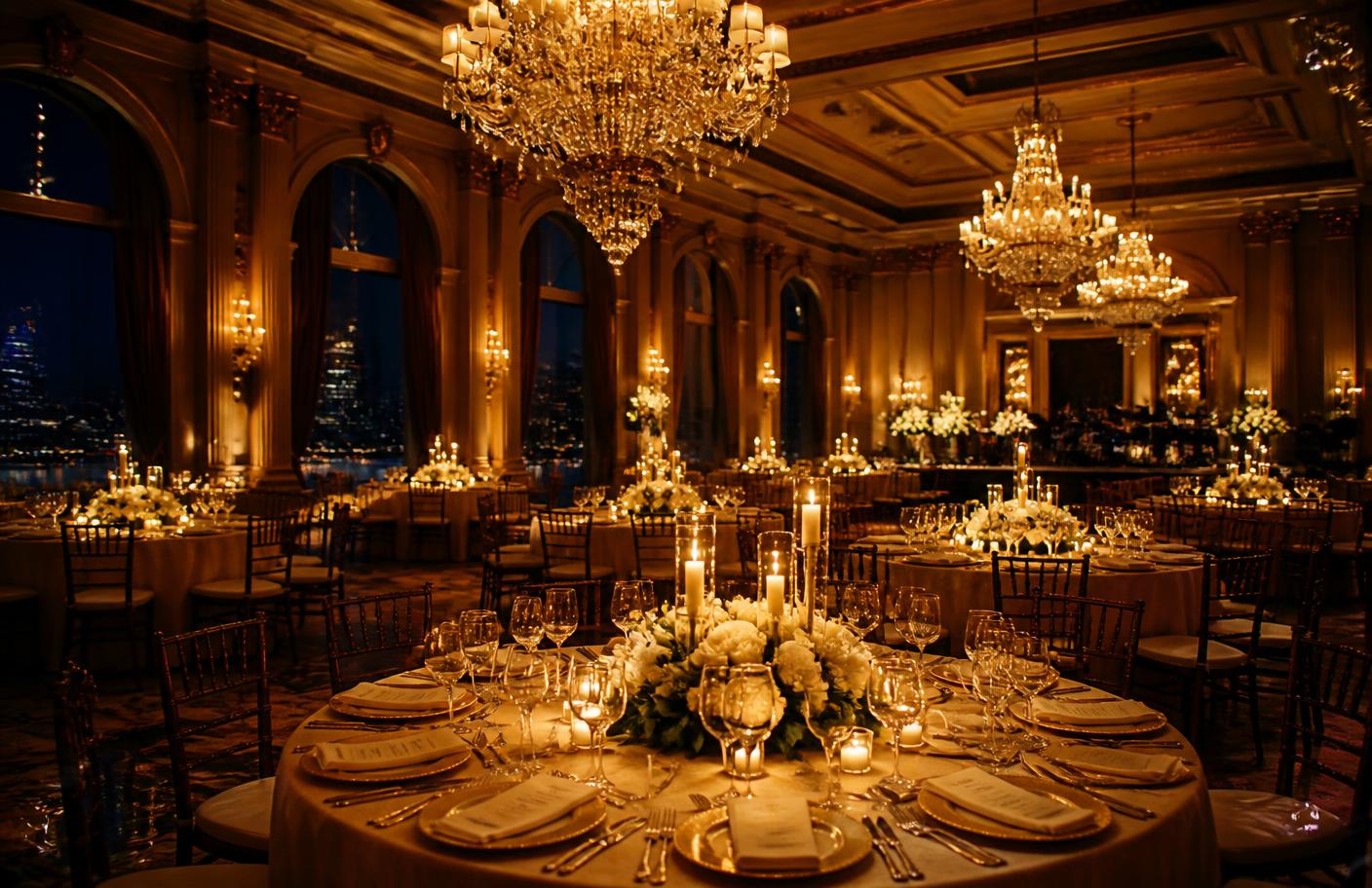Salón de eventos Notre Dame iluminado con candelabros dorados